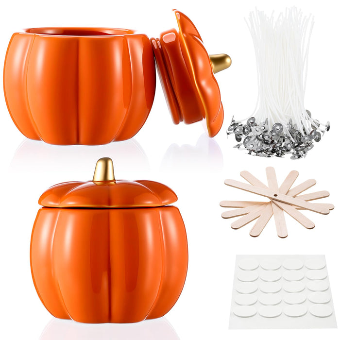 Sliner 2 Pcs 7oz Ceramic Pumpkin Jar Candle Holder Orange Fall Decor by Deal US