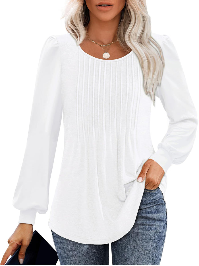 Licemere Women's Long Sleeve Pleated Puff Sleeve Tunic Shirt White Size L by Deal US