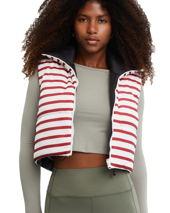 Xeoxarel Red White Striped Puffer Crop Vest Sleeveless Zipper Pockets Size XL by Deal US