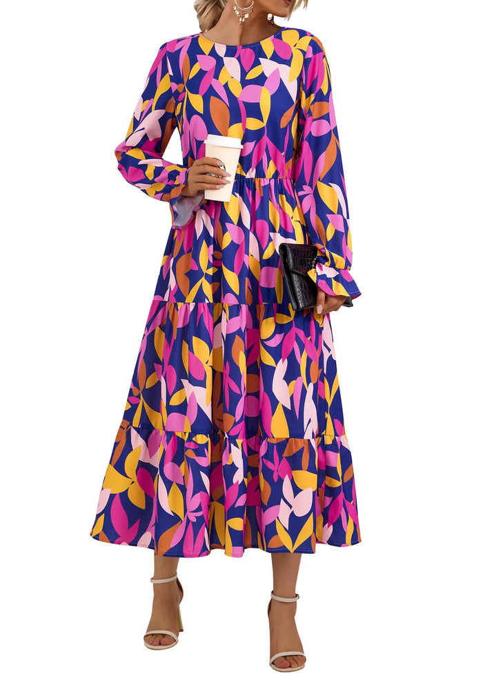 KIRUNDO Womens Long Sleeve Boho Floral Midi Dress Blue Purple Size M by Deal US