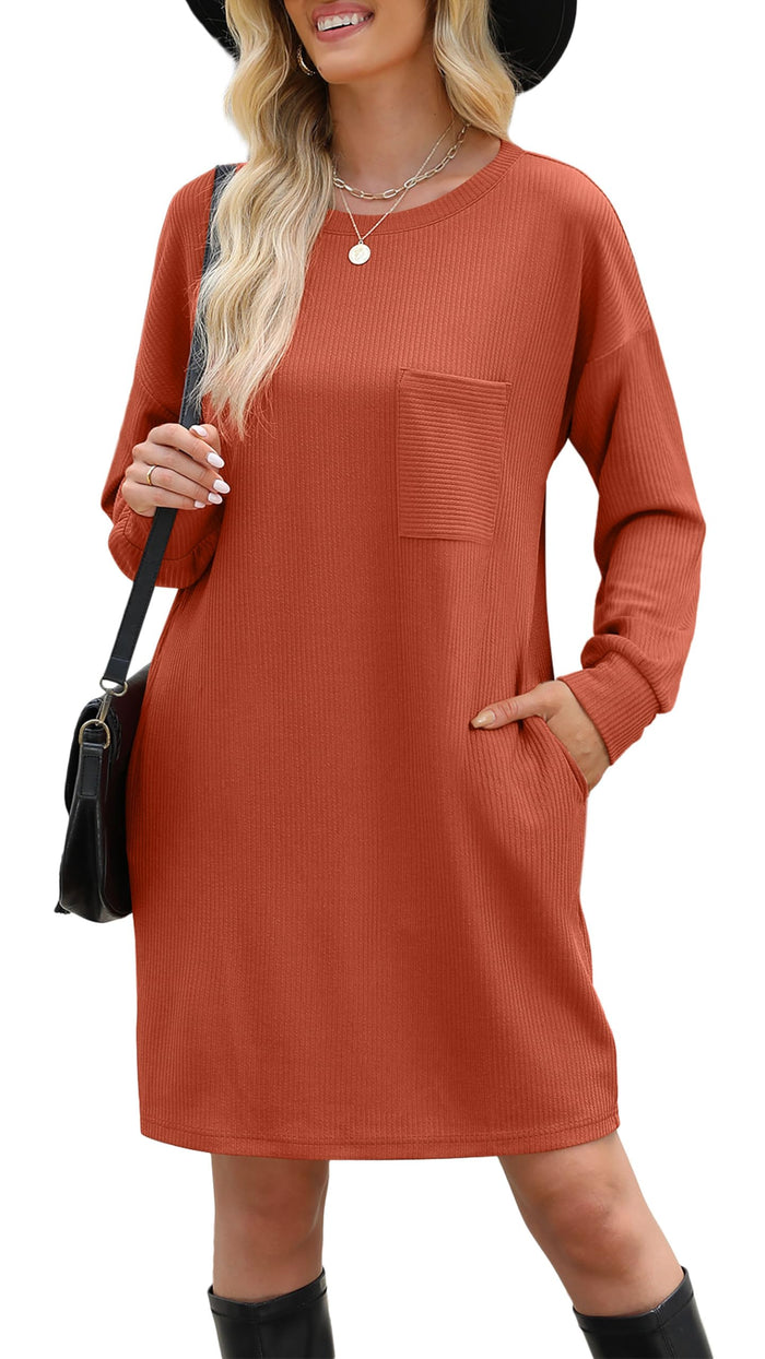 WIHOLL Fall Long Sleeve Mini Dress with Pockets Caramel Size L by Deal US