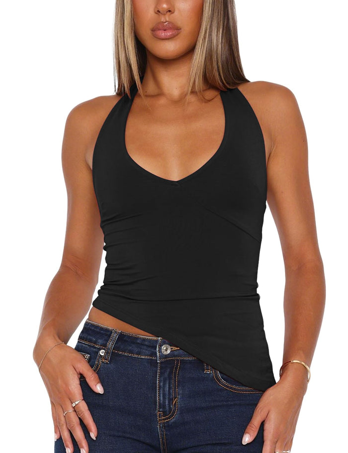 Floral Find Womens Sexy Sleeveless V-Neck Halter Backless Crop Top Black Size S by Deal US