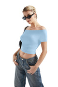 SUUKSESS Women Off Shoulder Cowl Neck Short Sleeve Top Light Blue Size M by Deal US