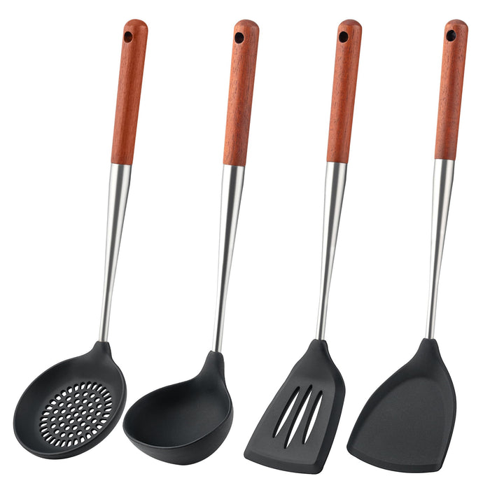 FJNATINH Silicone Spatula Turner Ladle Skimmer Set Stainless Steel Wood 4Pc by Deal US