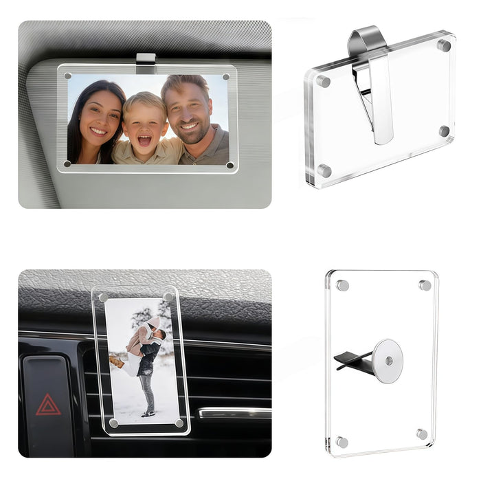 SUXEOTS Magnetic Car Picture Holder,2-in-1 Acrylic Photo Clip for Car Visor & Air Vent, 3.5 x 2.4 Inches Universal Car Visor Accessories for Family, Kids, Pets Photo (1 Visor Clip & 1 Vent Clip)