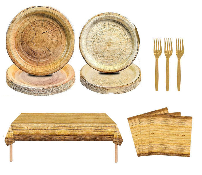Generic Rustic Wood Grain Party Supplies 69pcs Plates Napkins Tablecloth Cutlery by Deal US