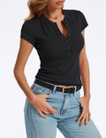 Prettywear Womens Summer Casual V Neck Button Up Top Black Size M by Deal US