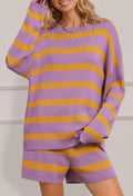 MEROKEETY Women's 2 Piece Sweater Set Striped Long Sleeve Shorts Purple Size S by Deal US