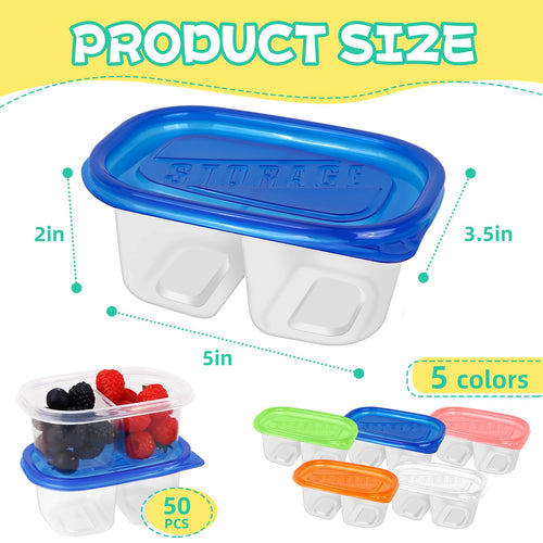 ISUSSER 50Pc Reusable Snack Pack Containers Double Compartment Clear Plastic by Deal US