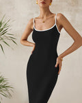 dowerme Women's Summer Bodycon Dress Spaghetti Straps Scoop Neck Black White XXL by Deal US