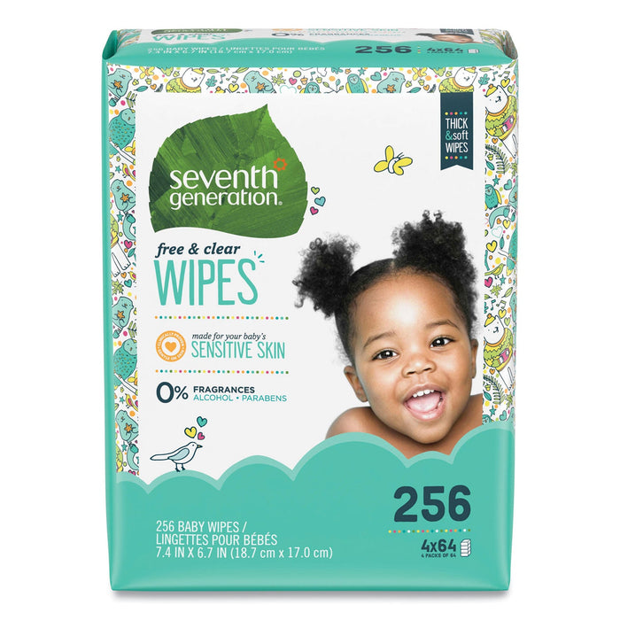 Seventh Generation Free and Clear Baby Wipes, Refill, 7 x 7, Unscented, White, 256/Pack