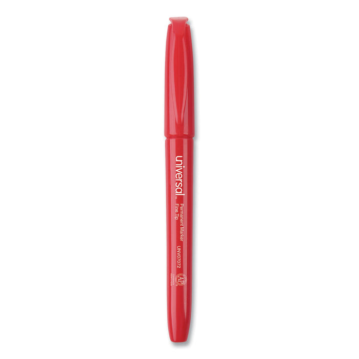 Universal Pen-Style Permanent Marker, Fine Bullet Tip, Red, Dozen