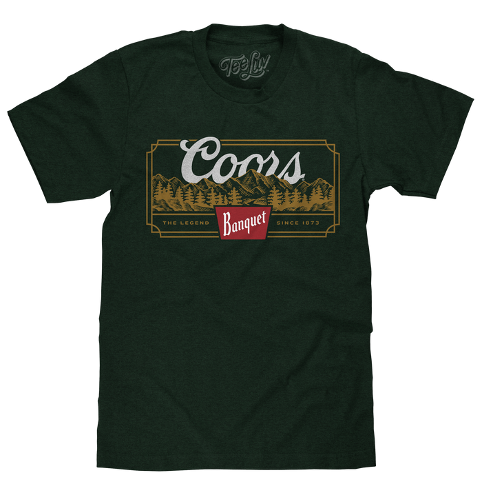 Coors Banquet Beer The Legend Since 1873 Rocky Mountains T-Shirt - Forest Green by Tee Luv