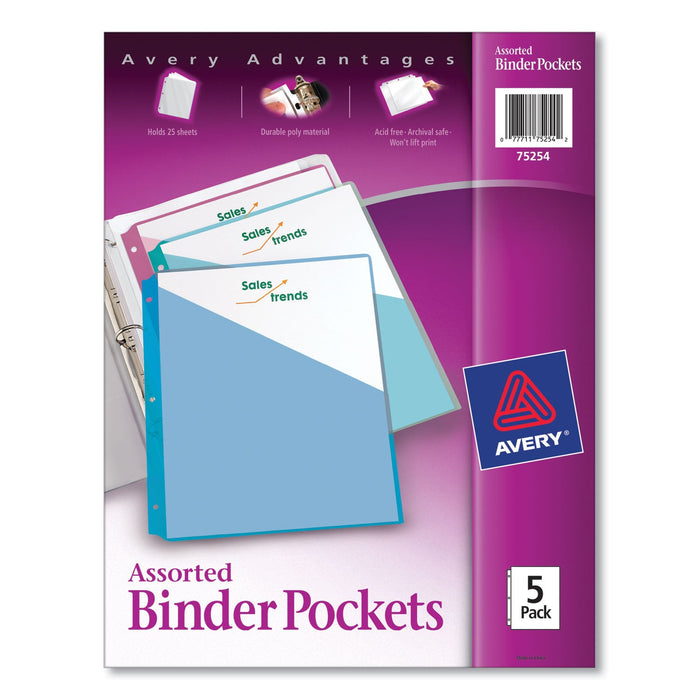 Avery Binder Pockets, 3-Hole Punched, 9.25 x 11, Assorted Colors, 5/Pack