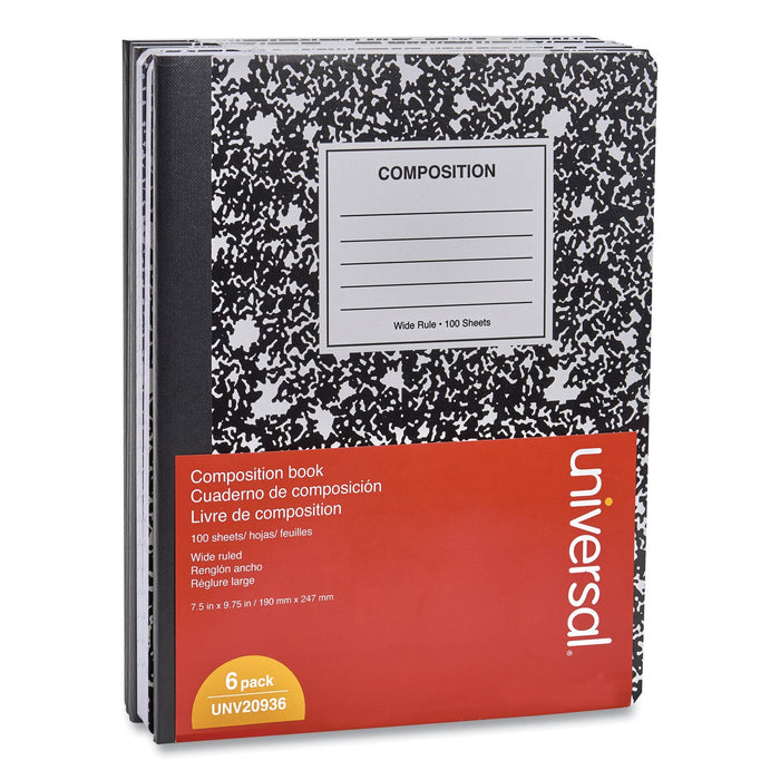 Universal Composition Book, Wide/Legal Rule, Black Marble Cover, 9.75 x 7.5, 100 Sheets, 6/Pack