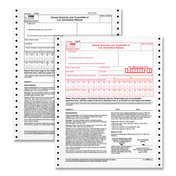 TOPS 1096 Summary Transmittal Tax Forms, Two-Part Carbonless, 8 x 11, 1/Page, 10 Forms