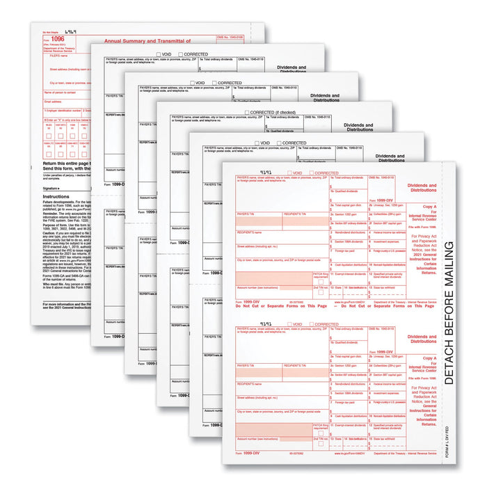 TOPS 1099-Div Tax Forms, Five-Part Carbonless, 5.5 x 8, 2/Page, (24) 1099s and (1) 1096