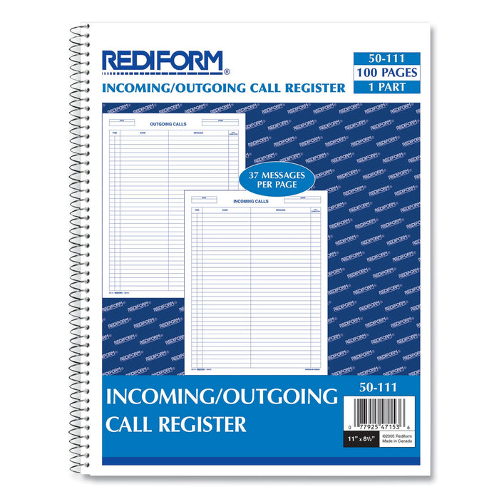 Rediform Wirebound Call Register, 8.5 x 11, 1/Page, 3.700 Forms