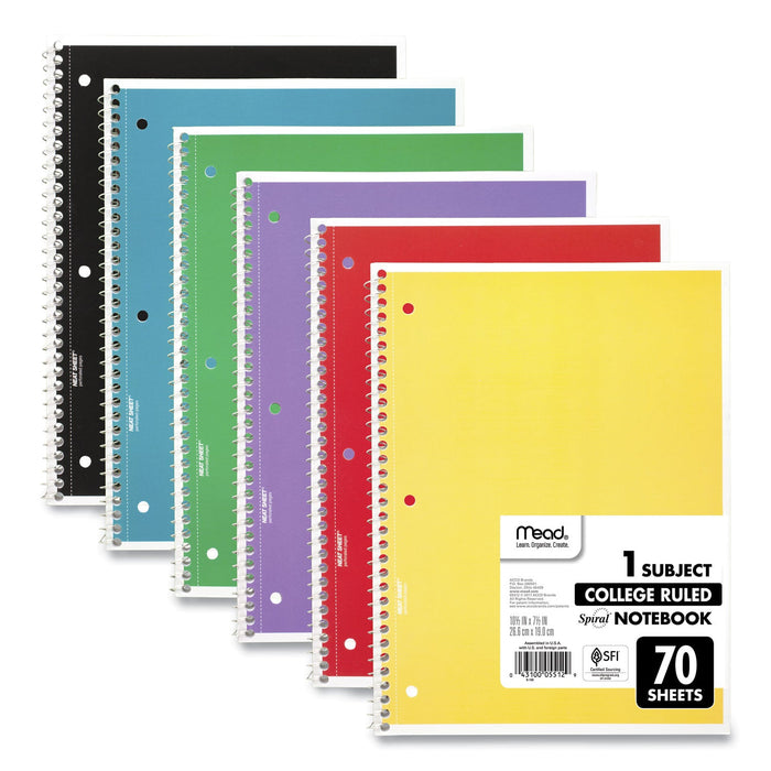 Mead Spiral Notebook, 1 Subject, Medium/College Rule, Assorted Covers, 10.5 x 8, 70 Sheets, 6/Pack