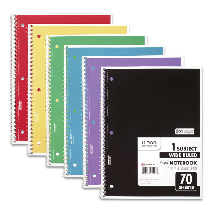 Mead Spiral Notebook, 3-Hole Punched, 1 Subject, Wide/Legal Rule, Randomly Assorted Covers, 10.5 x 7.5, 70 Sheets