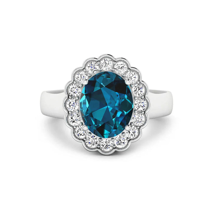 Genuine London Blue Topaz and White Diamond Halo Ring by Fine Color Jewels