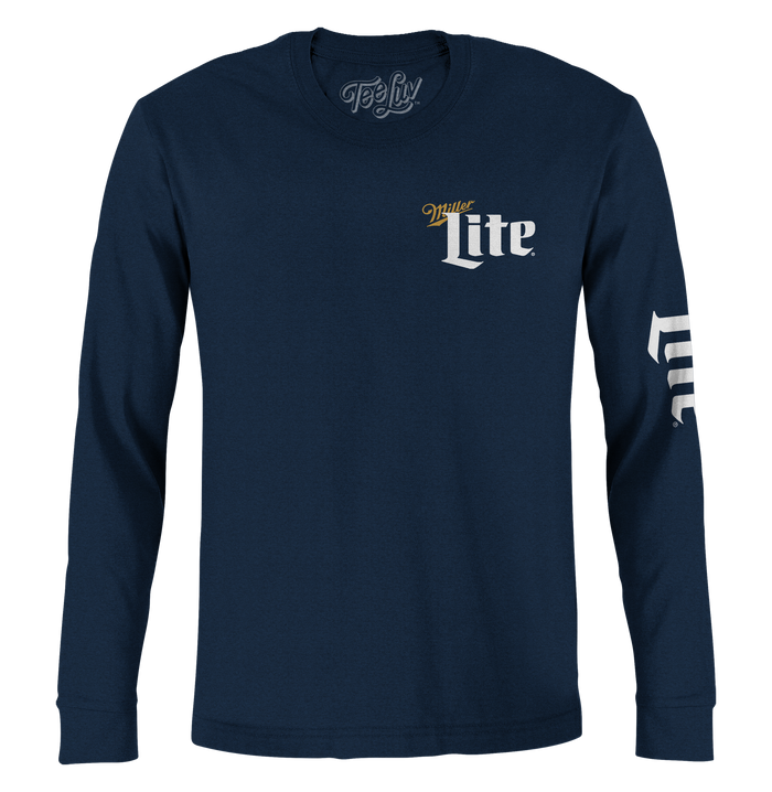 Miller Lite Front/Back/Sleeve Print Long Sleeve T-Shirt - Navy Blue by Tee Luv