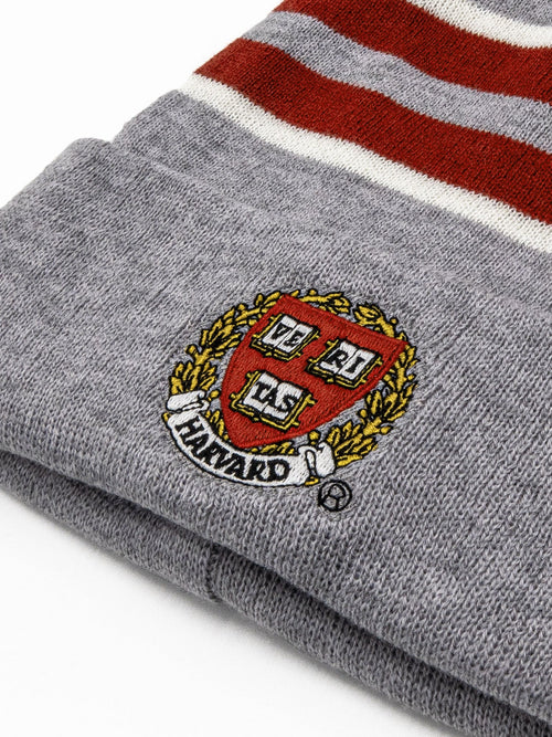 Harvard University Veritas Shield Pom Pom Beanie - Gray/Burgundy/White by Tee Luv