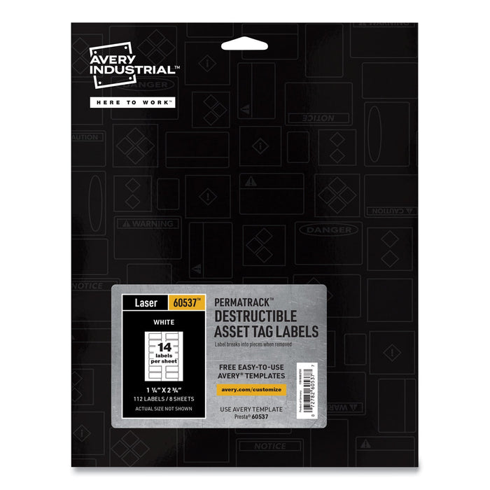 Avery PermaTrack Destructible Asset Tag Labels, Laser Printers, 1.25 x 2.75, White, 14/Sheet, 8 Sheets/Pack