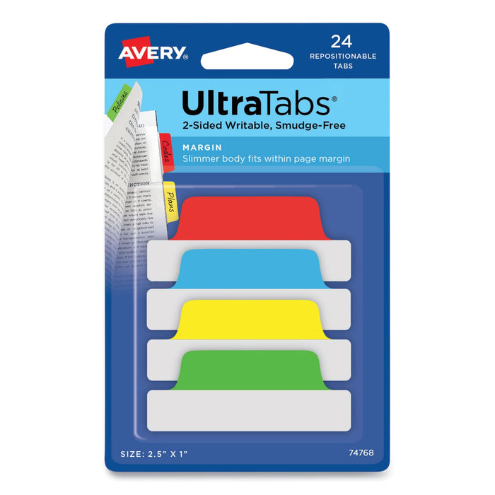 Avery Ultra Tabs Repositionable Tabs, Margin Tabs: 2.5" x 1", 1/5-Cut, Assorted Colors, 24/Pack