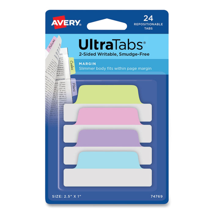 Avery Ultra Tabs Repositionable Tabs, Margin Tabs: 2.5" x 1", 1/5-Cut, Assorted Pastel Colors, 24/Pack