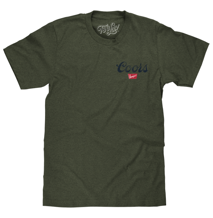 Coors Banquet The Legend Left Chest Front and Back Print T-Shirt - Military Green by Tee Luv