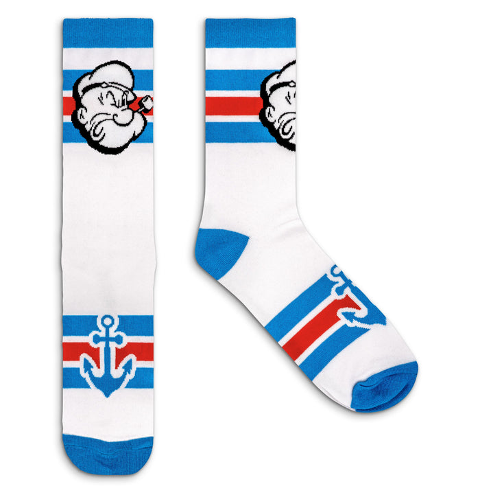 Popeye the Sailor Man Cartoon Socks - White/Blue/Red by Tee Luv