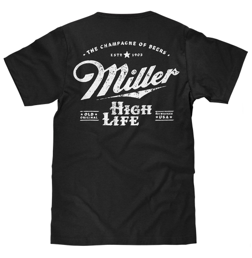 Distressed Miller High Life Logo Front and Back Print T-Shirt - Black by Tee Luv