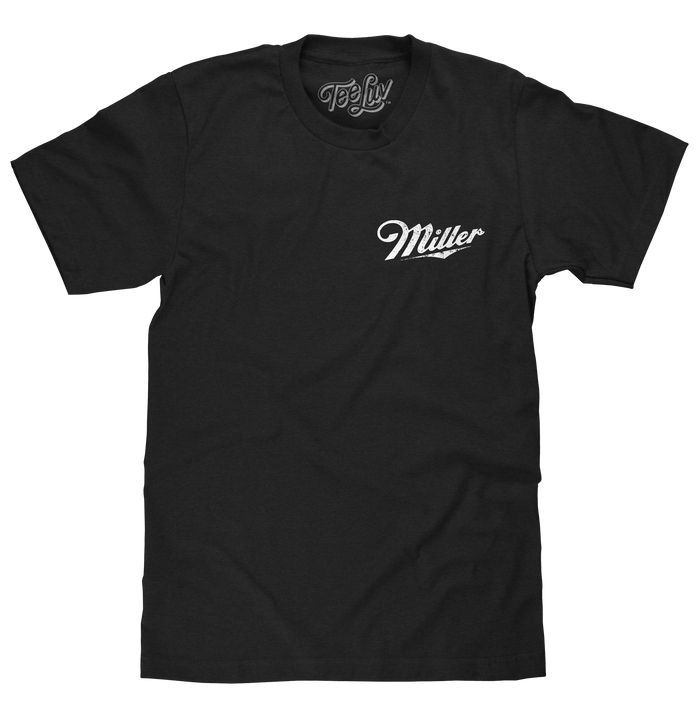 Distressed Miller High Life Logo Front and Back Print T-Shirt - Black by Tee Luv
