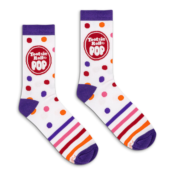 Tootsie Roll Pop Colorful Candy Logo Crew Socks - White/Purple by Tee Luv