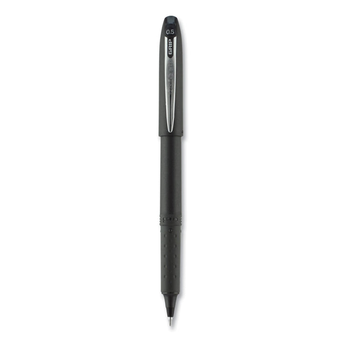 uniball Grip Roller Ball Pen, Stick, Micro 0.5 mm, Black Ink, Black Barrel, Dozen