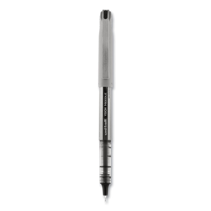 uniball VISION Needle Roller Ball Pen, Stick, Fine 0.7 mm, Black Ink, Silver Barrel, Dozen