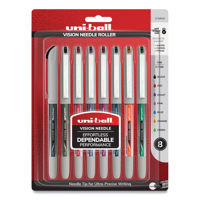 uniball VISION Needle Roller Ball Pen, Stick, Fine 0.7 mm, Assorted Ink Colors, Silver Barrel, 8/Pack