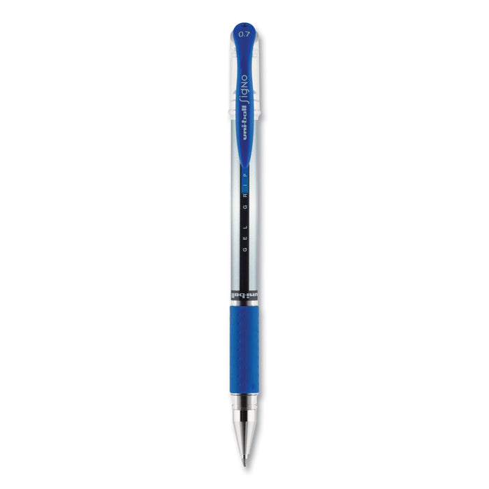 uniball Signo GRIP Gel Pen, Stick, Medium 0.7 mm, Blue Ink, Silver/Blue Barrel, Dozen