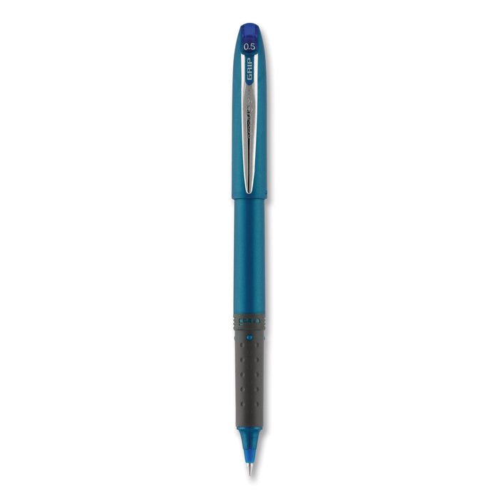 uniball Grip Roller Ball Pen, Stick, Micro 0.5 mm, Blue Ink, Blue Barrel, Dozen