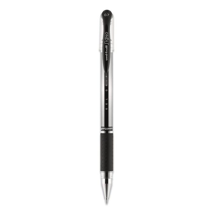 uniball Signo GRIP Gel Pen, Stick, Medium 0.7 mm, Black Ink, Silver/Black Barrel, Dozen