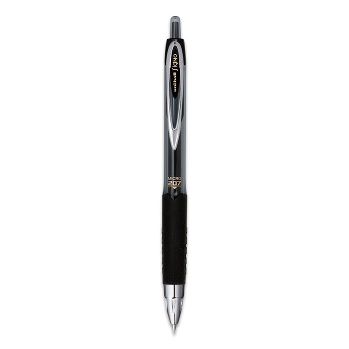 uniball Signo 207 Gel Pen, Retractable, Micro 0.5 mm, Black Ink, Smoke/Black Barrel, Dozen