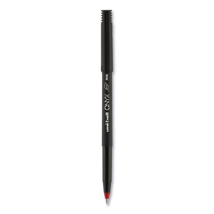 uniball ONYX Roller Ball Pen, Stick, Micro 0.5 mm, Red Ink, Black Matte Barrel, Dozen