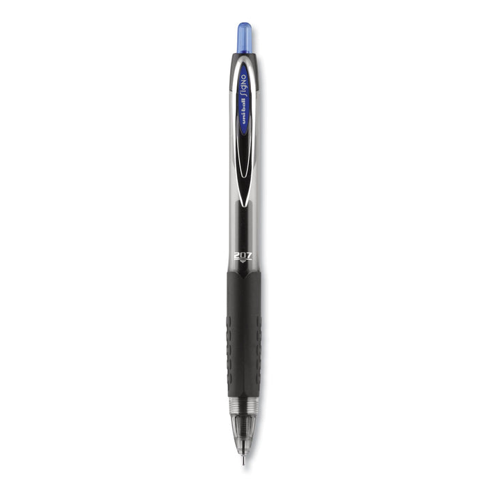 uniball Signo 207 Needle Point Gel Pen, Retractable, Medium 0.7 mm, Blue Ink, Black Barrel, Dozen