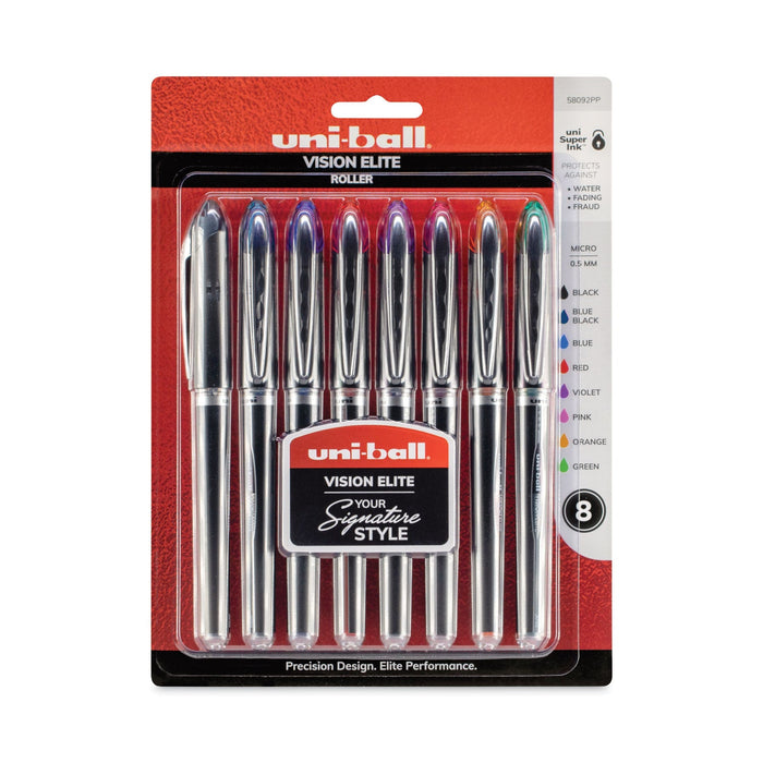 uniball VISION ELITE Roller Ball Pen, Stick, Micro 0.5 mm, Assorted Ink Colors, Black Barrel