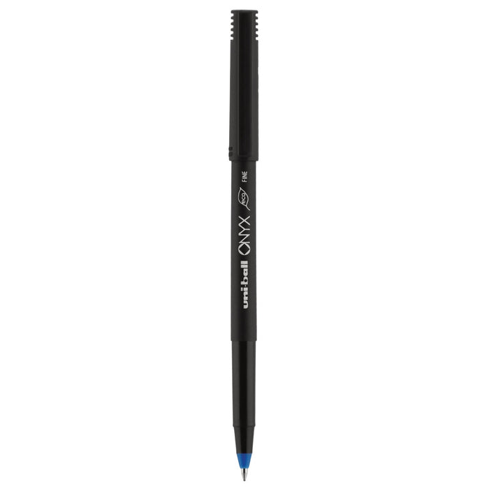 uniball ONYX Roller Ball Pen, Stick, Fine 0.7 mm, Blue Ink, Black Matte Barrel, Dozen