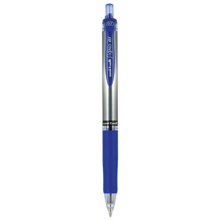uniball Signo Gel Pen, Retractable, Medium 0.7 mm, Blue Ink, Blue/Metallic Accents Barrel, Dozen