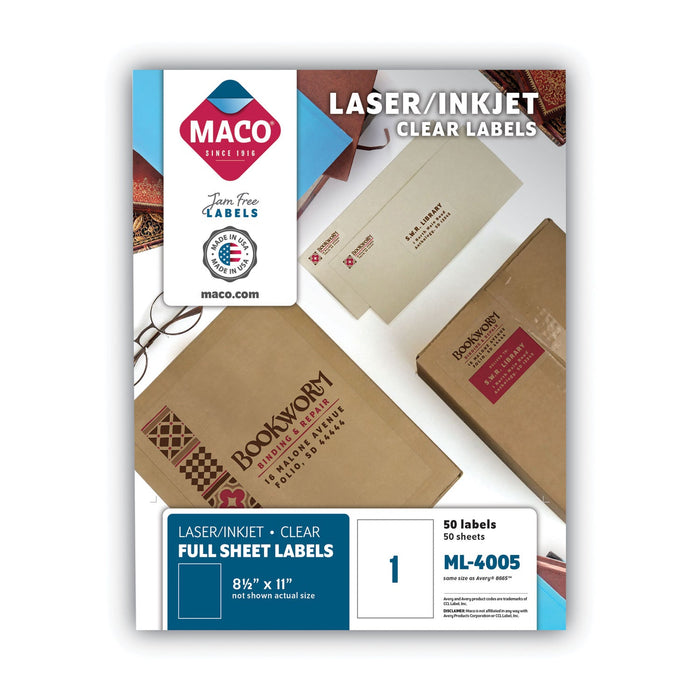 MACO Matte Clear Printable Shipping Address Labels, Inkjet/Laser Printers, 8.5 x 11, Matte Clear, 50/Box