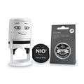 NIO Stamp with Voucher and Fancy Gray Ink Pad, Self-Inking, 1.56" Diameter