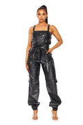Vegan Leather Cargo Pocket Jogger Jumpsuit by The House of Stylez